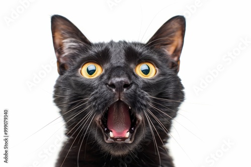 Close up of a black cat with wide eyes and open mouth expressing surprise or curiosity. A white background highlights the cats bright black fur and expressive face