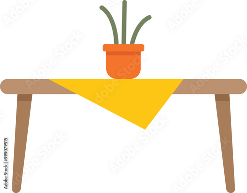 Simple illustration of a wooden table with a yellow tablecloth and a potted plant, perfect for interior design projects