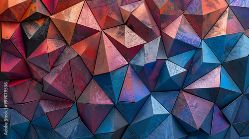 Abstract geometric pattern with red, blue, and purple triangular shapes.