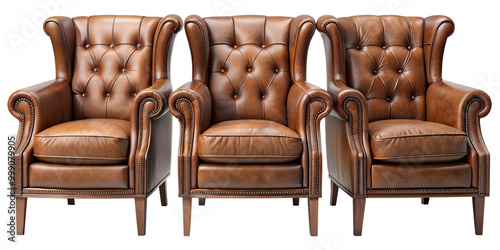 Three armchairs with leather seats, isolated on a transparent background png