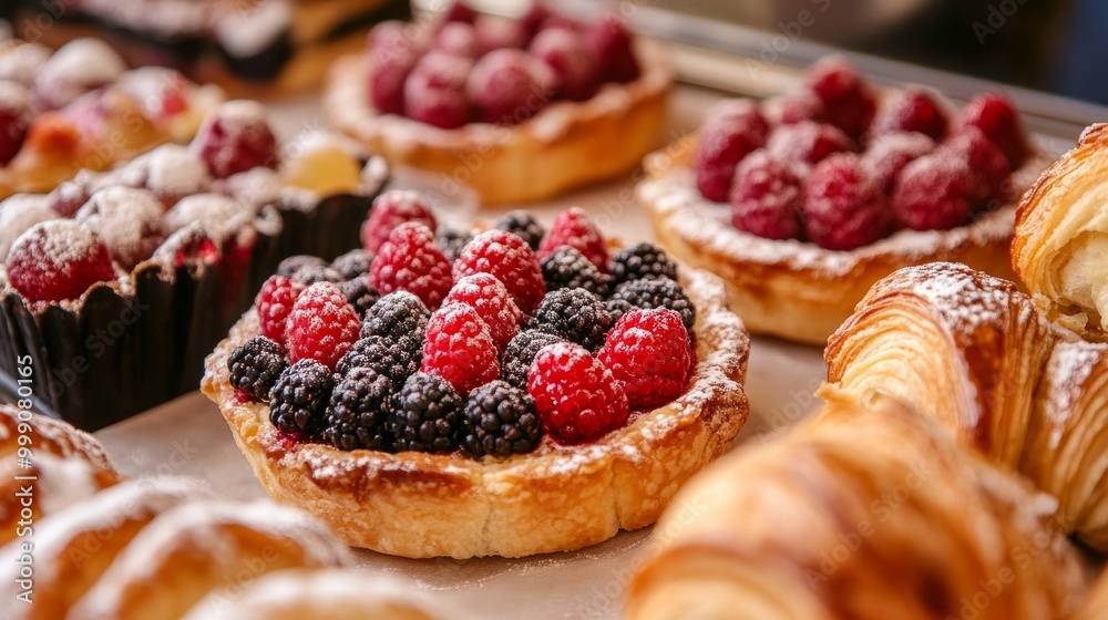 Close-up of a French bakery dessert display, featuring delicate berry tarts and croissants generative ai Close-up of a French bakery dessert display, featuring delicate berry tarts and croissants generative ai