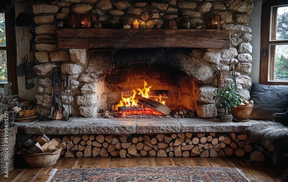 Cozy rustic stone fireplace with firewood and tools in a charming old-world house setting Cozy rustic stone fireplace with firewood and tools in a charming old-world house setting