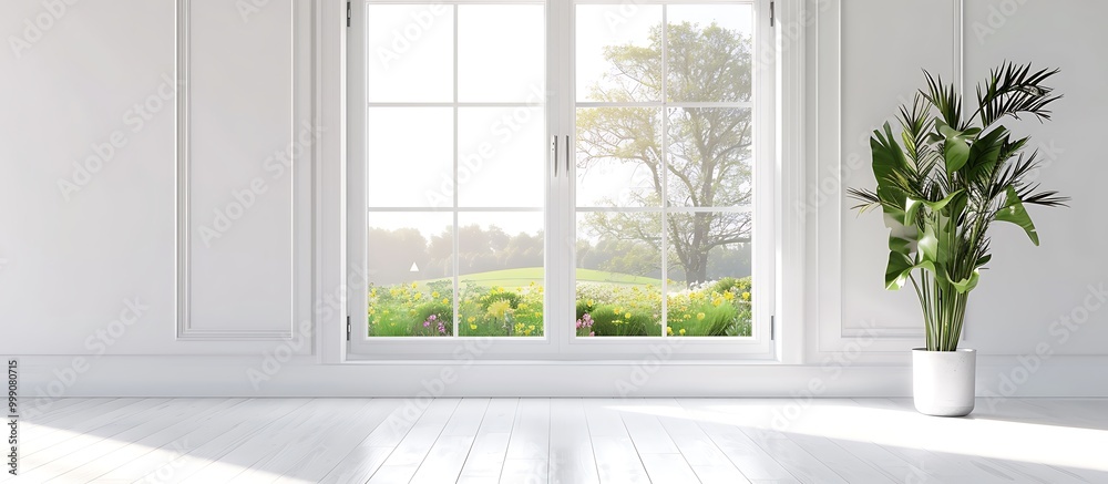 White room, Scandinavian style, window with summer landscape, home design, copy space for text, 3D rendering.