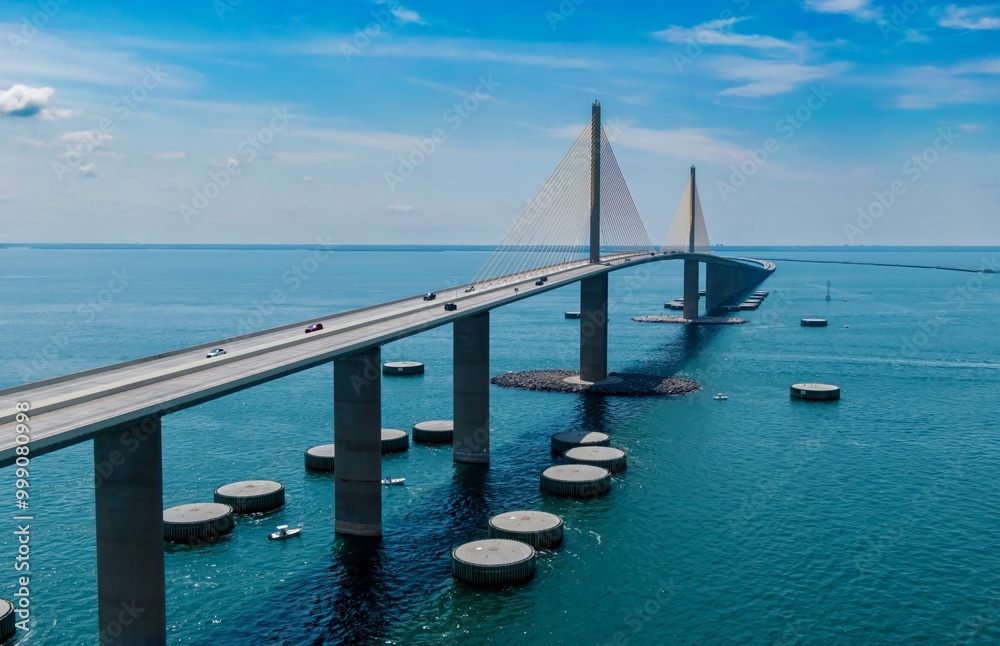Traffic crossing the Sunshine Skyway Bridge in the Tampa Bay, St. Petersburg, Florida, United States. Traffic crossing the Sunshine Skyway Bridge in the Tampa Bay, St. Petersburg, Florida, United States.