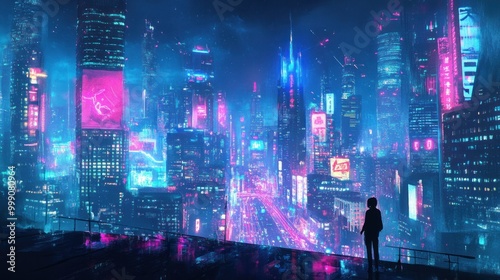 Illustrate an ethereal cityscape adorned with vibrant neon lights  reminiscent of an iconic anime setting. --ar 16 9 --v 6.1 Job ID  c248fccf-3f5e-4ad4-b794-6918762bbaac