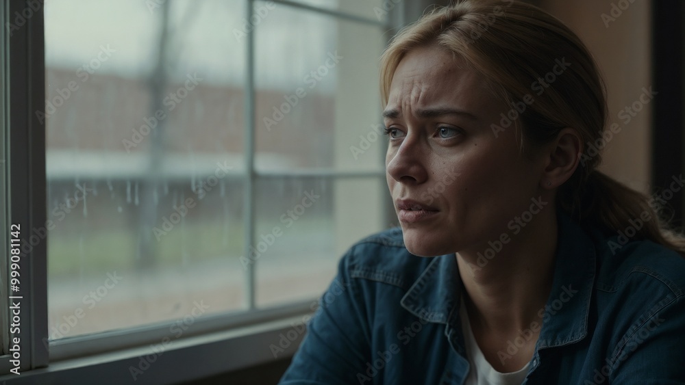 Thoughtful woman looking out of the window, melancholic mood, rainy day, indoor atmosphere Thoughtful woman looking out of the window, melancholic mood, rainy day, indoor atmosphere