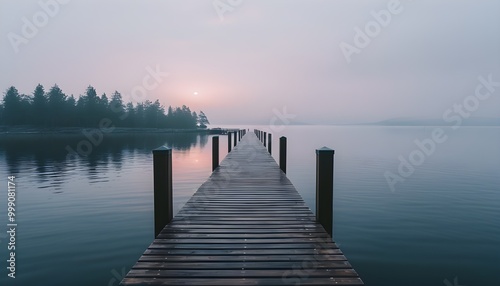 Misty Horizon View from a Wooden Dock in Minimalist Style with Expansive Copy Space