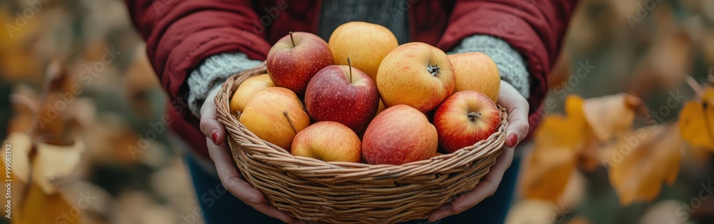 Woman with a basket of freshly picked apples in an autumn orchard Woman with a basket of freshly picked apples in an autumn orchard