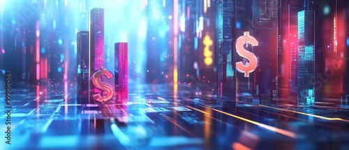 Digital city with dollar signs, glowing neon lights, and financial growth charts.