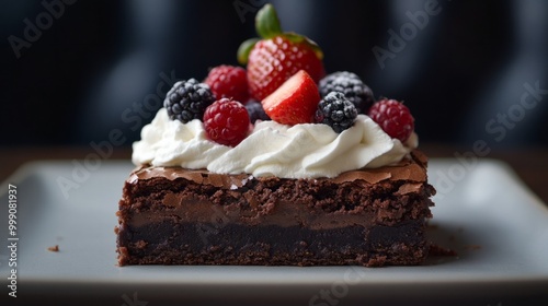 Close-up of a perfectly cut brownie, topped with whipped cream and berries generative ai