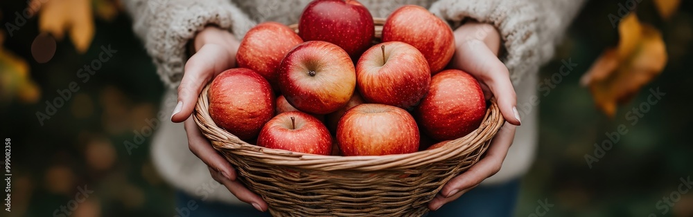 Woman with a basket of freshly picked apples in an autumn orchard Woman with a basket of freshly picked apples in an autumn orchard