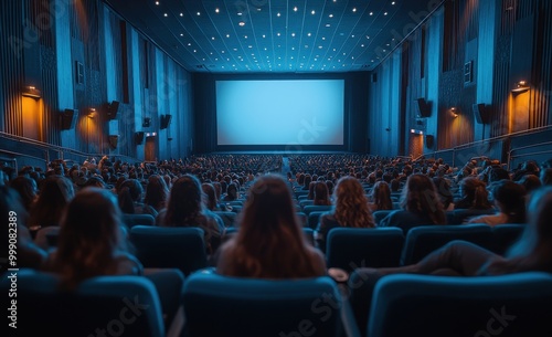 A packed movie theater in daylight captures an audience eagerly watching a large white screen with a blue color theme