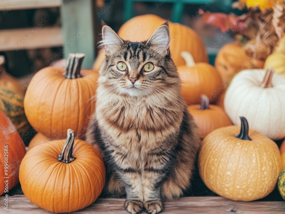 Adorable cat surrounded by pumpkins at home Adorable cat surrounded by pumpkins at home