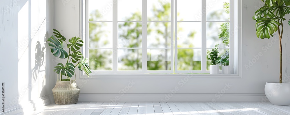 White room with window, summer view, Scandinavian style, home design, copy space for text, 3D rendering.