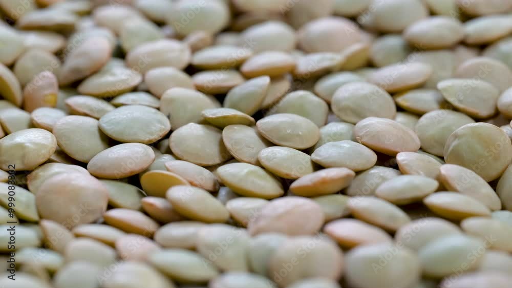 Overhead macro shot of dried uncooked green lentils, as the camera moves forward on a slider. Shallow depth of field and selective focus. Cooking, legumes, healthy eating, food preparation themes. Overhead macro shot of dried uncooked green lentils, as the camera moves forward on a slider. Shallow depth of field and selective focus. Cooking, legumes, healthy eating, food preparation themes.