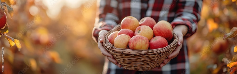 Woman with a Basket of Freshly Picked Apples in an Autumn Orchard Woman with a Basket of Freshly Picked Apples in an Autumn Orchard