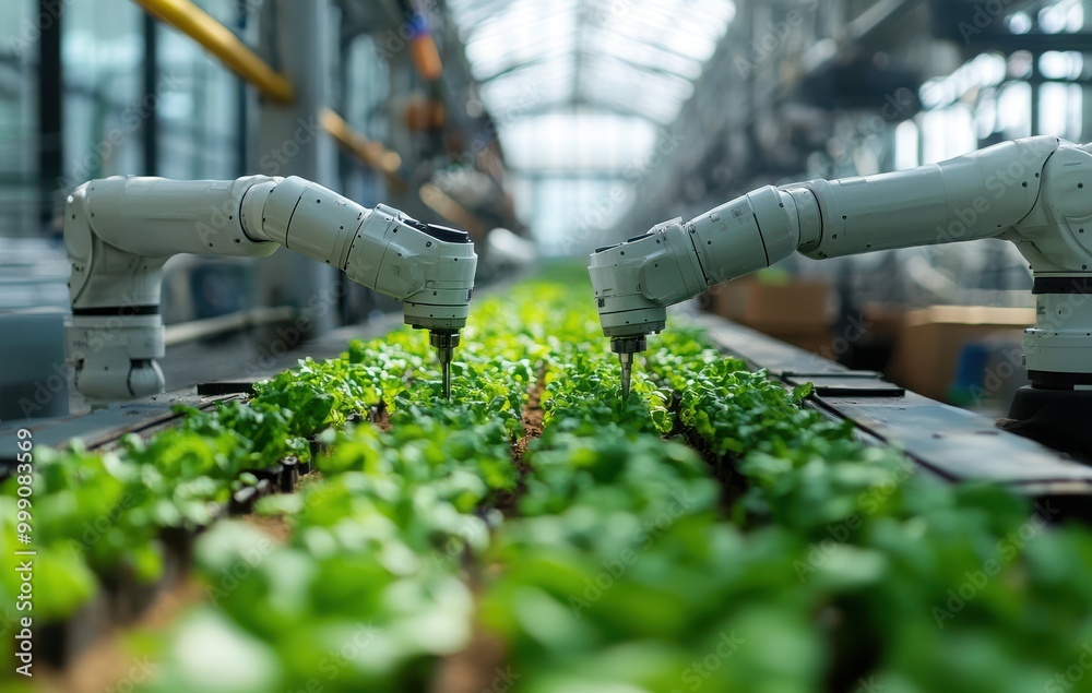 Robotic arms nurture lettuce in an advanced indoor greenhouse for sustainable agriculture Robotic arms nurture lettuce in an advanced indoor greenhouse for sustainable agriculture