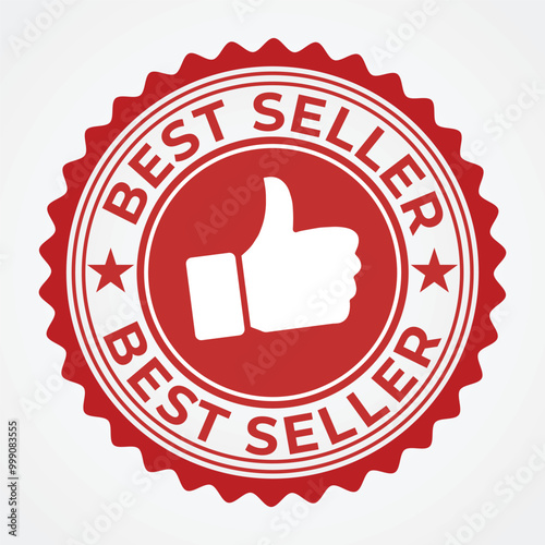 Best seller red badge with thumbs up icon