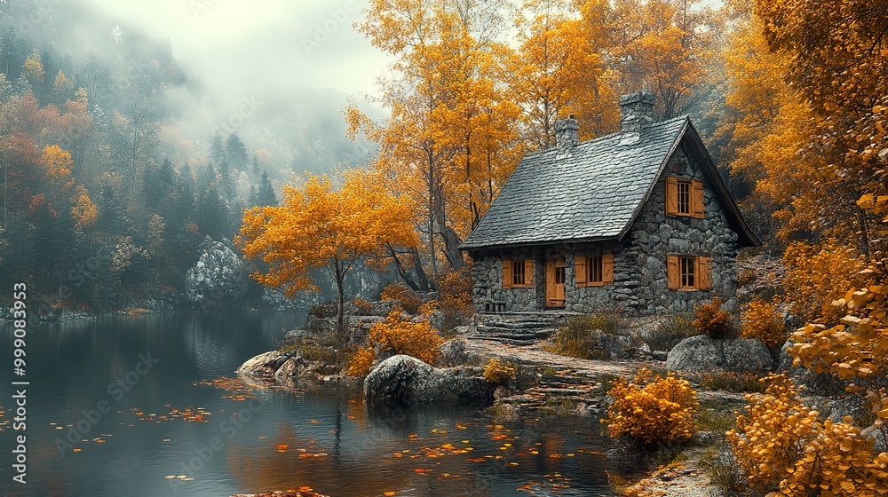 Autumnal Cabin by the Lake - A Serene Landscape Autumnal Cabin by the Lake - A Serene Landscape