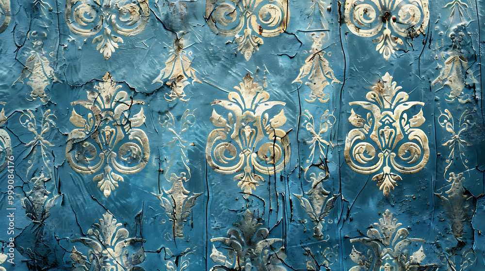 A close-up of a blue wall with a white damask pattern, showing peeling paint and cracks. A close-up of a blue wall with a white damask pattern, showing peeling paint and cracks.