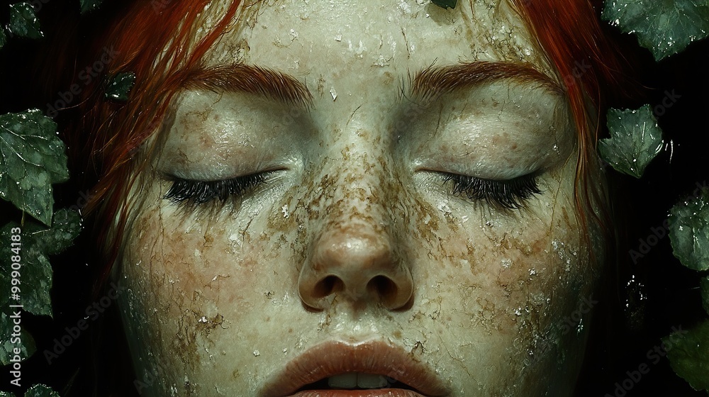 Close-Up Portrait of a Woman with Eyes Closed and Ivy Leaves