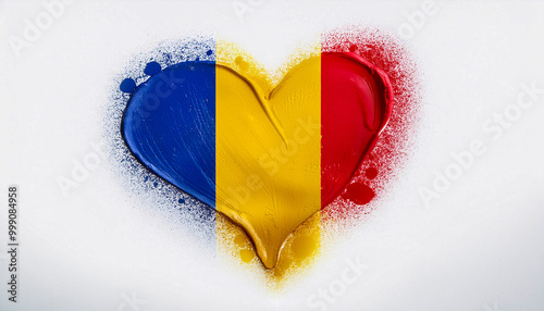 Paint stain in the shape of a heart in the colours of the Romanian flag. photo
