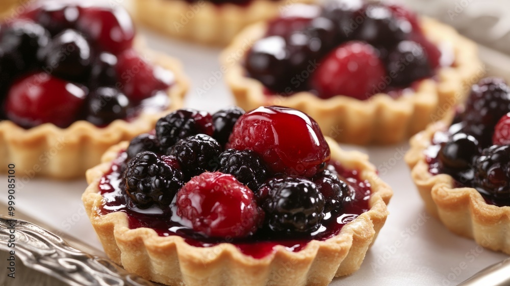 Close-up of mixed berry tarts with a buttery crust and glossy fruit glaze, served on a dessert tray generative ai Close-up of mixed berry tarts with a buttery crust and glossy fruit glaze, served on a dessert tray generative ai