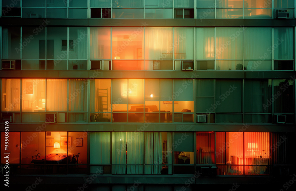 zoom-in window watcher view of high-rise condo apartments in New York City, seeing neighbors in their rooms, people's lives in their apartments doing their daily activities. window watching, Voyerism