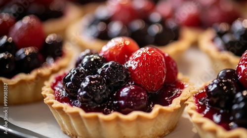 Close-up of mixed berry tarts with a buttery crust and glossy fruit glaze, served on a dessert tray generative ai