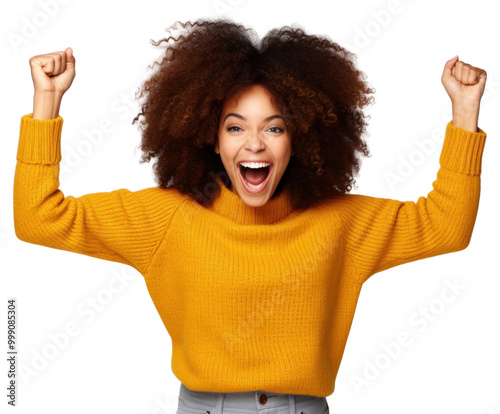 PNG Woman sweater surprised shouting.