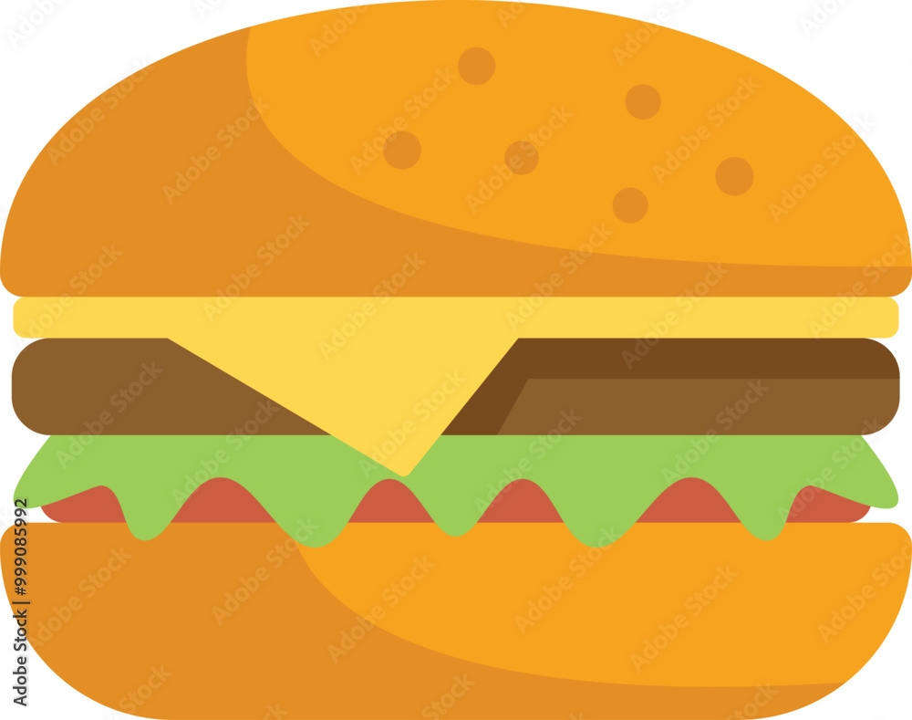 Simple flat vector illustration of a hamburger with a meat patty, cheese, lettuce, tomato, and a bun Simple flat vector illustration of a hamburger with a meat patty, cheese, lettuce, tomato, and a bun