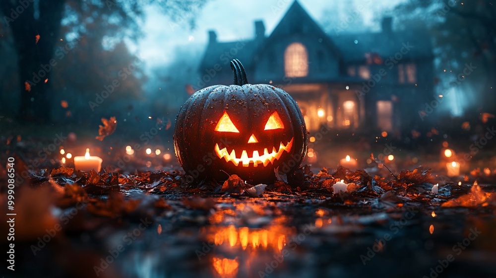 Fototapeta premium Halloween concept with haunted house and pumpkin