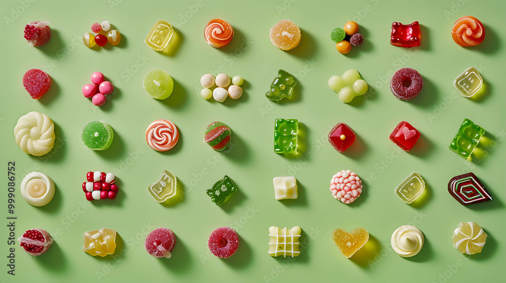A variety of colorful candies arranged in a grid pattern on a green background.