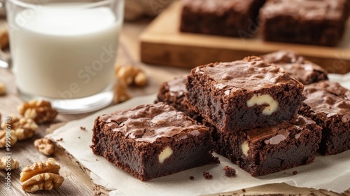 Close-up shot of fudgy brownies with walnuts inside, served with a glass of milk generative ai