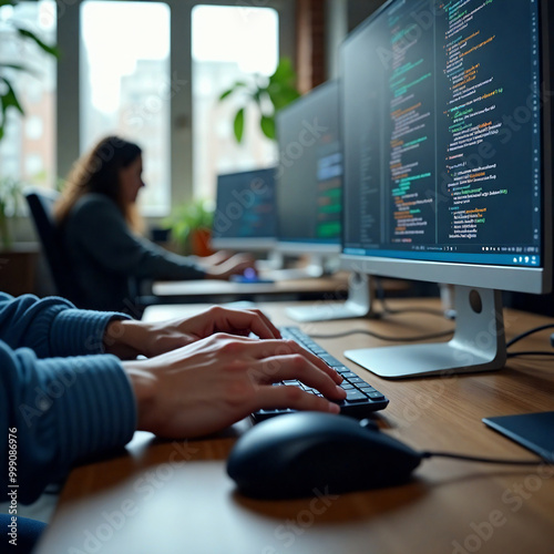 A photorealistic image of a software developer working on code in a modern office.