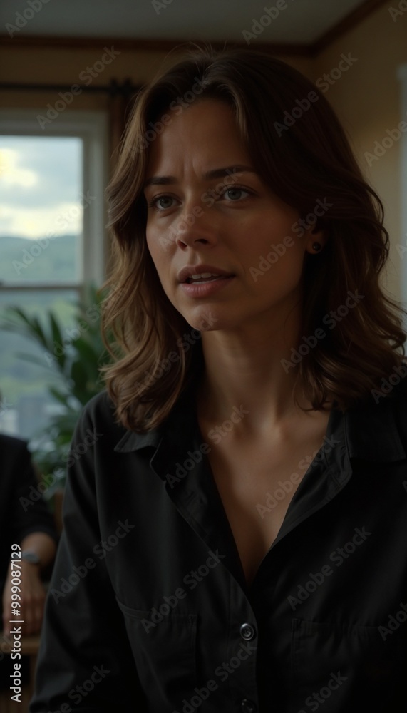 Intense woman speaking, focused mood, indoor setting, engaging conversation Intense woman speaking, focused mood, indoor setting, engaging conversation