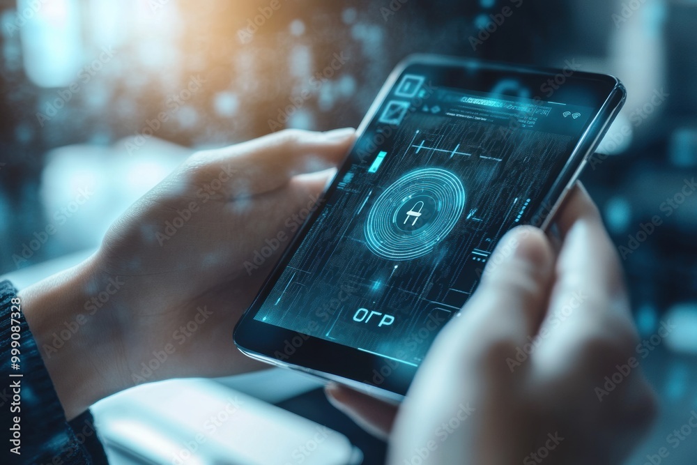 Hands holding tablet with digital security interface Hands holding tablet with digital security interface