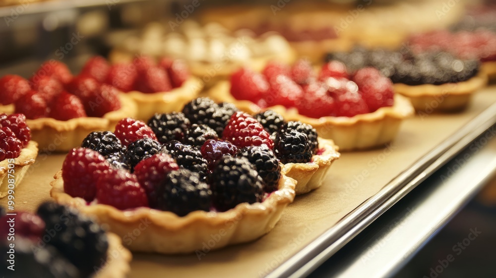 Close-up view of a French bakery tray, featuring tarts with glistening berry toppings generative ai Close-up view of a French bakery tray, featuring tarts with glistening berry toppings generative ai