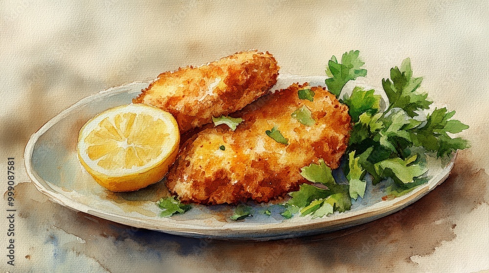Crispy Austrian schnitzel with lemon and greens on a plate Crispy Austrian schnitzel with lemon and greens on a plate