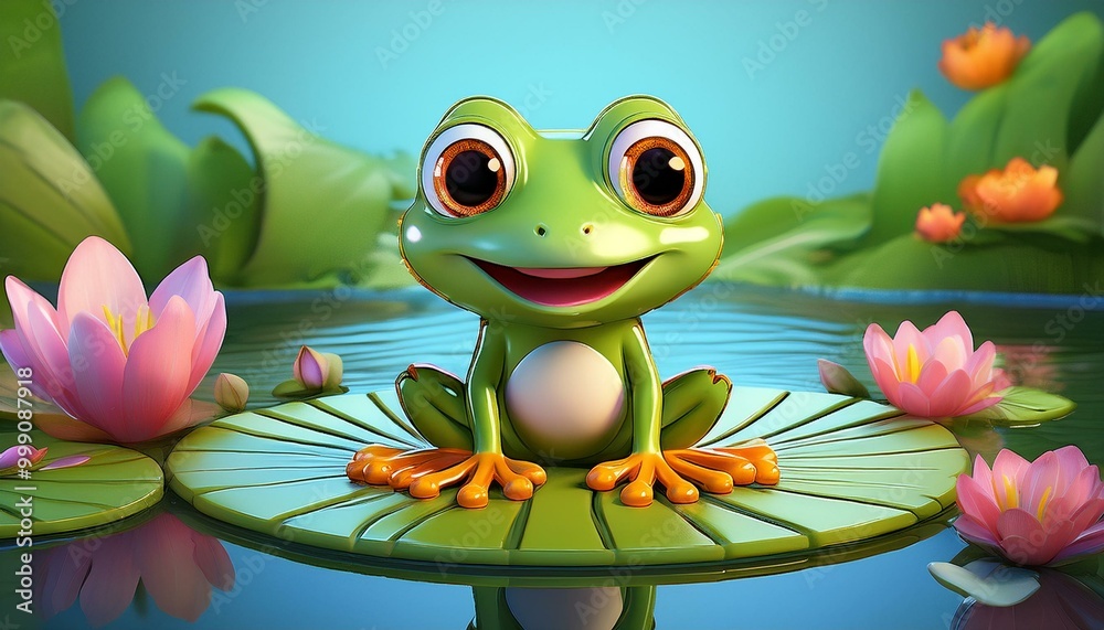 Fototapeta premium Cute Cartoon Frog Sitting on a Lillypad in a Pond with Flowers
