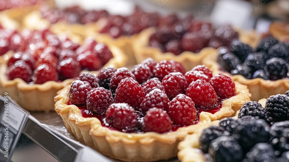 Close-up view of a French bakery tray, featuring tarts with glistening berry toppings generative ai Close-up view of a French bakery tray, featuring tarts with glistening berry toppings generative ai
