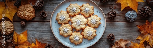 Festive autumn cookies with Halloween designs on a marble plate