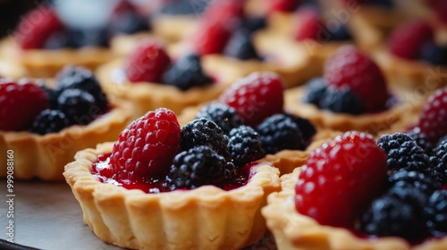 Close-up view of a French bakery tray, featuring tarts with glistening berry toppings generative ai