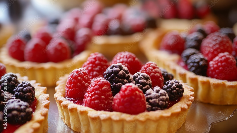 Delicate French fruit tarts with golden pastry crusts and fresh raspberries, strawberries, and blackberries generative ai Delicate French fruit tarts with golden pastry crusts and fresh raspberries, strawberries, and blackberries generative ai