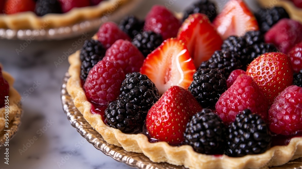 Delicate French fruit tarts with golden pastry crusts and fresh raspberries, strawberries, and blackberries generative ai Delicate French fruit tarts with golden pastry crusts and fresh raspberries, strawberries, and blackberries generative ai