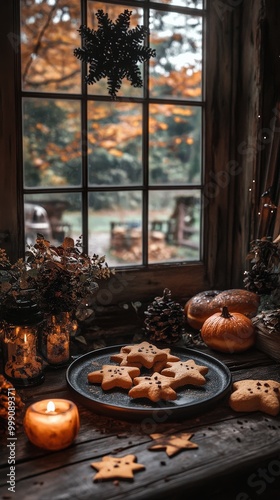 Festive autumn cookies with Halloween designs on a marble plate