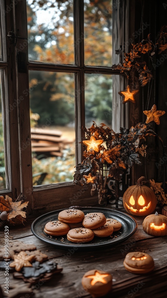 Festive autumn cookies with Halloween designs on a marble plate Festive autumn cookies with Halloween designs on a marble plate