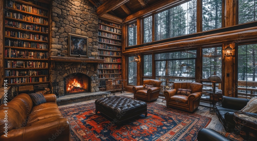Cozy reading room with leather chairs and a rustic fireplace in a serene library setting surrounded by nature Cozy reading room with leather chairs and a rustic fireplace in a serene library setting surrounded by nature