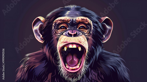 A chimpanzee with its mouth wide open showing its teeth.