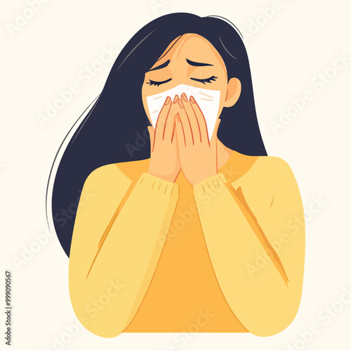 Crying and sad woman covering face with hands Vector illustration